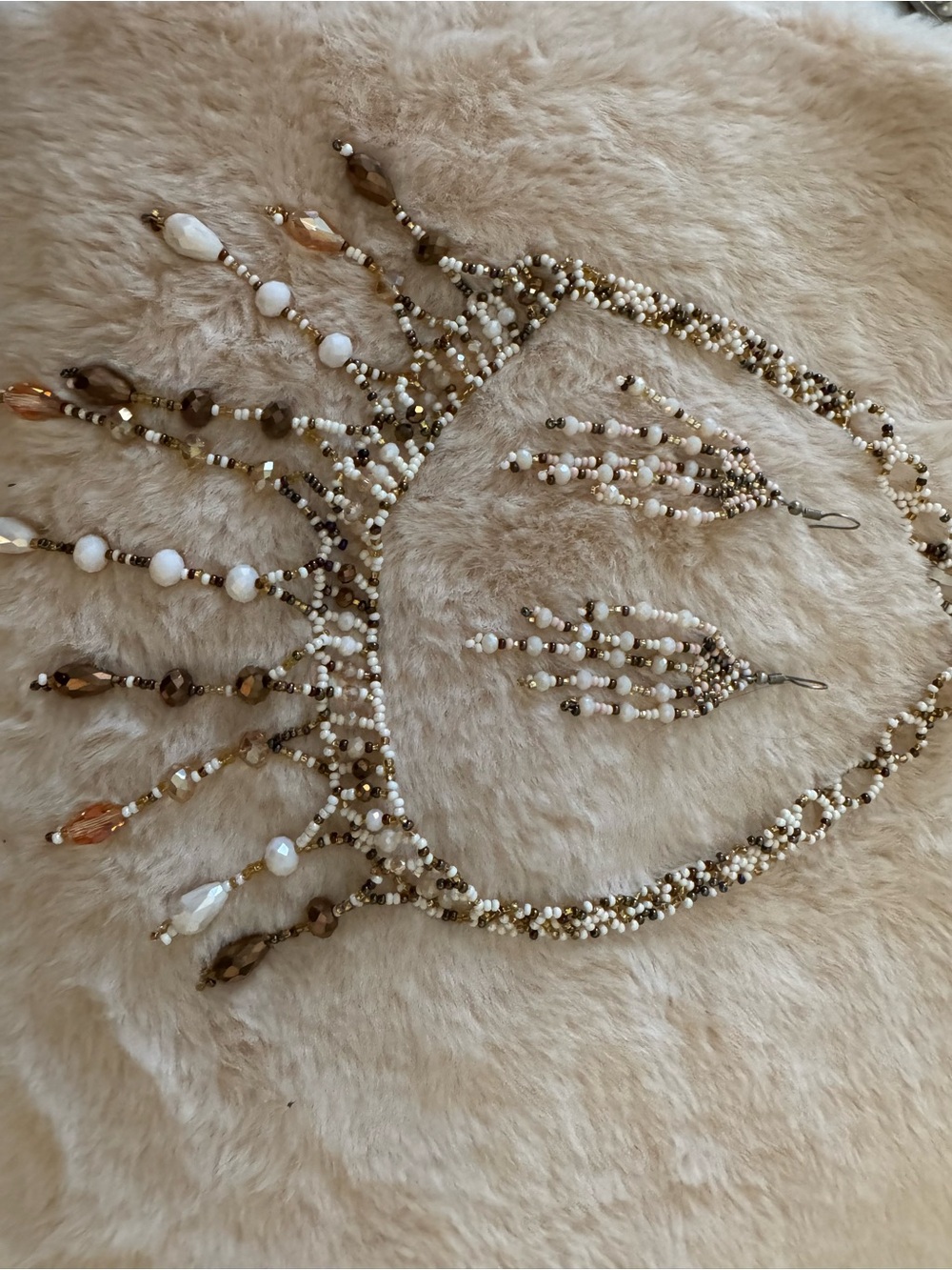 Boho Beaded Fringe Necklace with Matching Drop Earrings - Cream & Brown